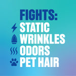 Feature graphic listing benefits: fights static, wrinkles, odors, and pet hair on gradient background