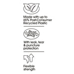 Black icons and text highlighting recycled plastic, puncture protection and flexible strength features