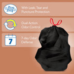 Feature panel showing benefits like leak, tear and puncture protection, dual action odor control, and a tied black trash bag image.