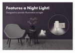 Room scene graphic emphasizing Features a Night Light with inset showing the plug-in air freshener illuminated in a wall outlet.