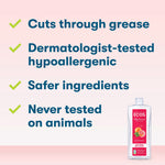 Feature checklist graphic highlighting cuts through grease, dermatologist-tested, safer ingredients, never tested on animals