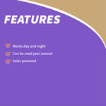 Purple features panel listing 'Works day and night', 'Can be used year around', and 'Solar powered'