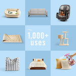 Blue grid graphic depicting items like a sofa, bed, bag and car seat with central text reading '1,000+ uses'.