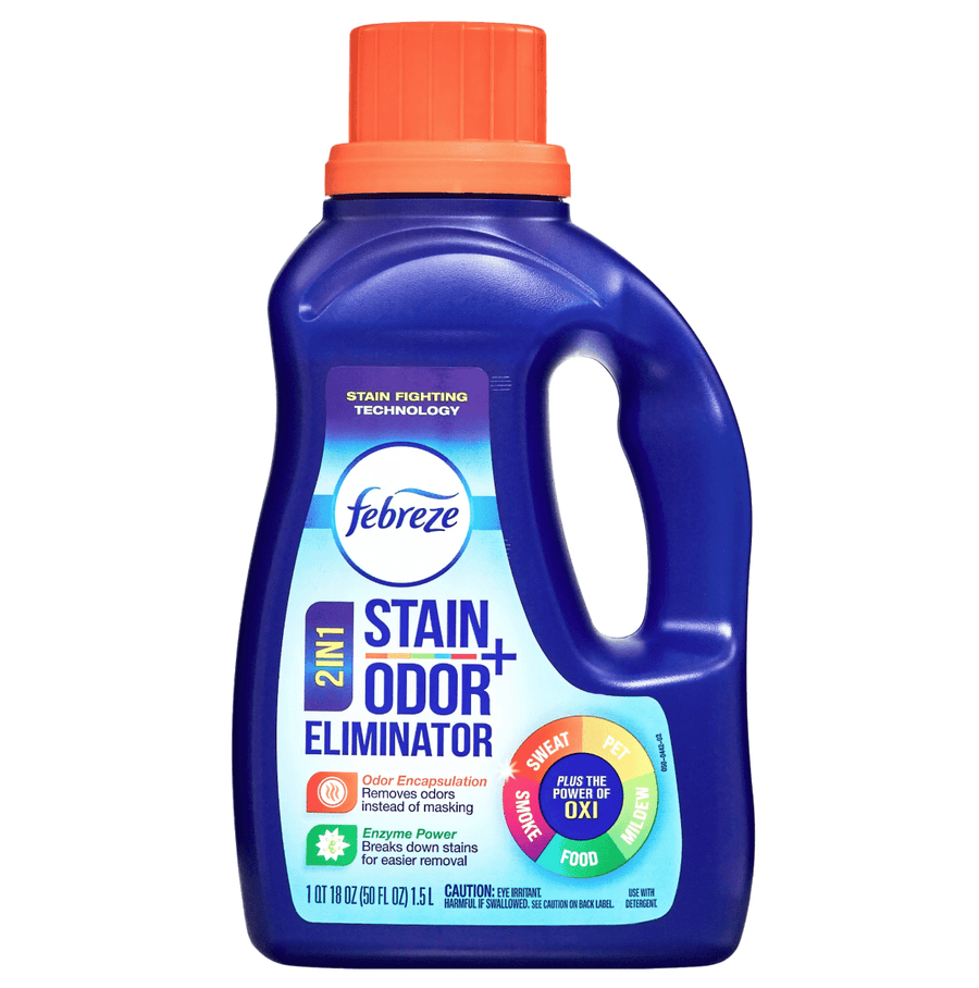 Blue Febreze 2-in-1 Stain + Odor Eliminator bottle with orange cap and colorful label showing stain-fighting and Oxi callout