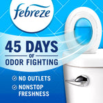 Blue promotional panel with Febreze logo and toilet showing an oval air freshener and text reading '45 days of odor fighting'