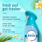 Febreze Air Mist bottle spraying with text highlighting longer-lasting scent and benefits on aqua textured background