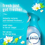 Febreze Air Mist bottle on teal background with copy listing benefits like ‘fresh just got fresher’ and floral accents