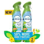 Two Febreze Air Mist spray bottles with Gain branding and a banner reading 50% more odor fighters, 2-pack