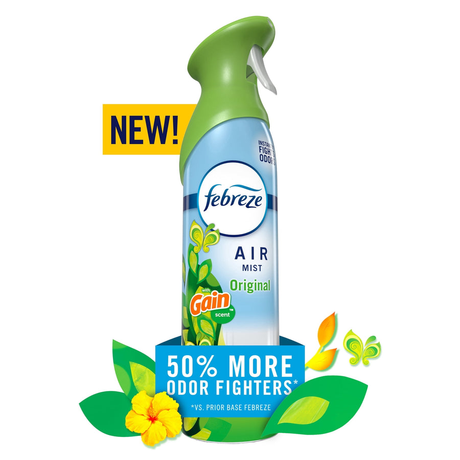 Febreze Air Mist spray bottle with green trigger, blue label marked Original with Gain scent and a "50% more odor fighters" graphic.