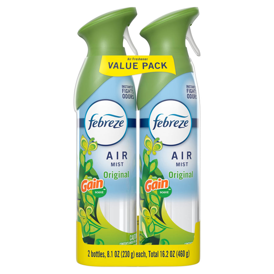 Two Febreze Air Mist Original aerosol cans with green caps and a yellow 'Value Pack' banner on a white background
