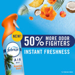 Febreze Air Mist bottle with tropical fruits and flowers, '50% more odor fighters' and 'instant freshness' promotional graphics.