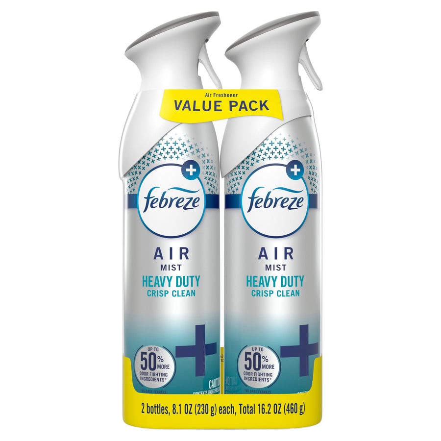 Two Febreze Air Mist Heavy Duty Crisp Clean spray bottles packaged together with a yellow “Value Pack” banner