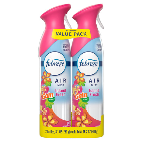 Two Febreze Air Mist bottles with pink spray tops labeled "Island Fresh" with Gain scent and a yellow "Value Pack" banner.