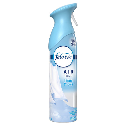 Single Febreze Air Mist spray can in Linen & Sky scent with light blue cap and fabric graphic on label
