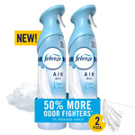Two Febreze Air Mist Linen & Sky spray bottles with promotional 50% more odor fighters banner