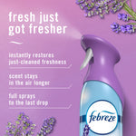 Febreze Air Mist purple-capped spray with lavender sprigs and text highlighting fresh scent, longevity, and full sprays