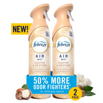 Two Febreze Air Mist Soothe & Restore spray bottles with whipped sugar and shea butter visuals and promo banner