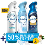 Three Febreze air mist spray bottles (Heavy Duty, Linen & Sky, Ocean) with promotional banner
