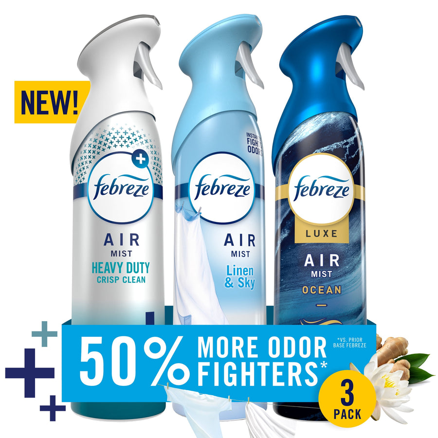 Three Febreze air mist spray bottles (Heavy Duty, Linen & Sky, Ocean) with promotional banner