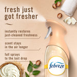 Close-up Febreze Air Mist trigger and bottle with text highlighting freshness benefits and spa-style shea nut imagery