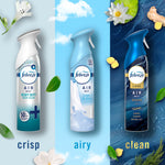 Three Febreze air mist bottles shown alongside imagery and labels reading crisp, airy, clean