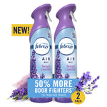 Two Febreze Air Mist Twilight Lavender spray cans with lavender sprigs and a label promoting 50% more odor fighters