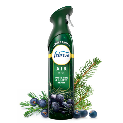 Febreze Air Mist limited edition bottle labeled White Pine & Juniper Berry with pine sprigs and berries