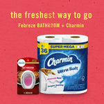 Cross-promotional image showing Febreze Bathroom packaged device next to Charmin Ultra Soft toilet paper with headline text