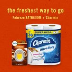 Promotional image pairing Febreze Bathroom Pumpkin Roll device with a pack of Charmin Ultra Soft toilet paper and tagline 'the freshest way to go'