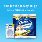Promotional image pairing a Febreze Bathroom device package with a Charmin Ultra Soft mega pack and headline the freshest way to go.