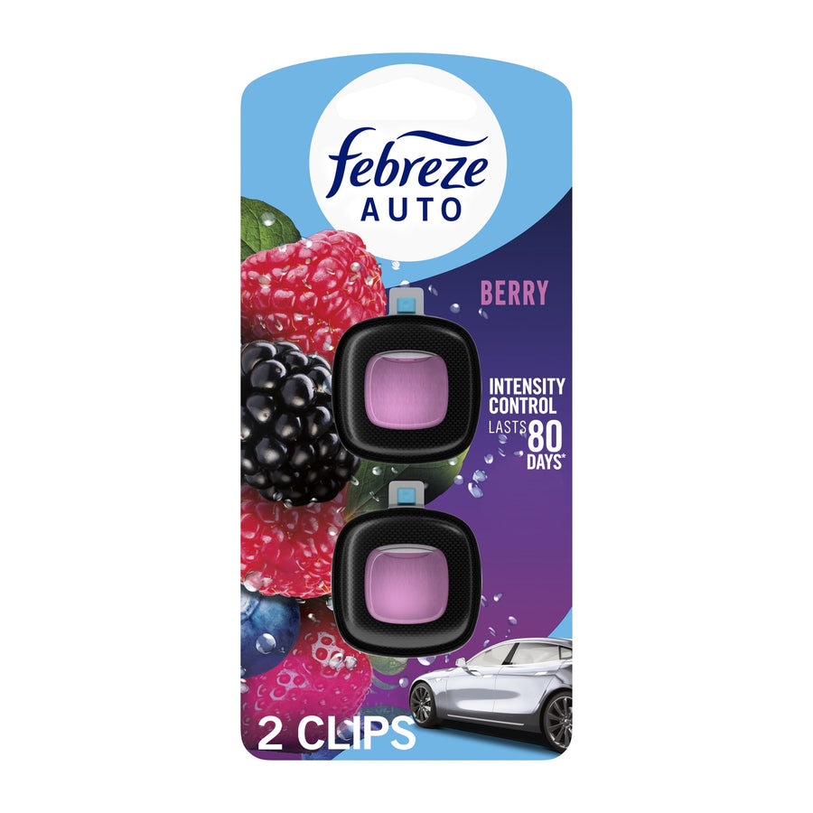 Single retail card showing two Febreze AUTO Berry clip air fresheners with berry artwork and car illustration