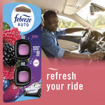 Lifestyle image with a driver in a car and a large Febreze AUTO Berry retail card to the left and refresh your ride text