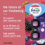 Product packaging close-up with Febreze AUTO Berry clips and text highlighting up to 40 days of consistent scent