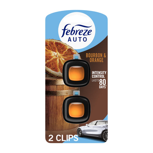 Febreze AUTO Bourbon & Orange car vent clip twin pack on brown packaging with orange slice and car graphic