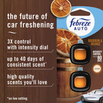 Packaging back/side panel style graphic showing Febreze AUTO clip, dried orange slice and text describing scent and control features
