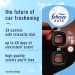 Blue branded Febreze Auto card art with two cedar-scent vent clips and text promoting intensity dial and consistent scent