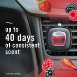 Febreze AUTO vent clip attached to a car vent with berry graphics and text stating up to 40 days of consistent scent