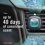 Febreze Auto vent clip mounted on a car air vent with copy stating up to 40 days of consistent scent