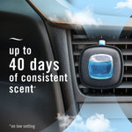 Febreze Auto vent clip attached to a car vent with overlay text stating 'up to 40 days of consistent scent' and cloud accents