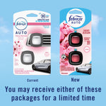 Comparison graphic showing current and new Febreze Auto Cherry Blossom packaging side by side with a note that either package may be received.