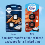 Graphic showing current and new Febreze AUTO sandalwood package designs with message you may receive either package