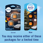 Comparison graphic showing current and new Febreze Auto Evening Woods package designs with note that either package may be received