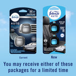 Comparison graphic showing current and new Febreze AUTO New Car packaging with note that either package may be received