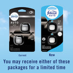 Graphic comparing current and new Febreze Auto Noir packaging side by side with text noting you may receive either package.