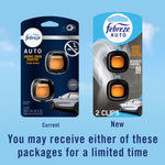 Graphic comparing current and new Febreze AUTO smoke odor fighter packaging with note about receiving either package