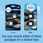 Comparison graphic showing current and new Febreze AUTO Morning Shower packaging and a note about receiving either