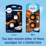 Comparison graphic showing current and new Febreze AUTO Bourbon & Orange packaging side by side with notice about receiving either package