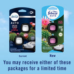 Side-by-side comparison graphic showing current and new Febreze AUTO Cactus Flower package designs with note you may receive either
