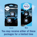 Graphic comparing current and new Febreze AUTO Midnight packaging side-by-side with note about receiving either package.