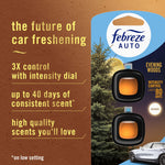 Product back/feature panel for Febreze Auto Evening Woods with benefit text and two clip images beside evergreen artwork